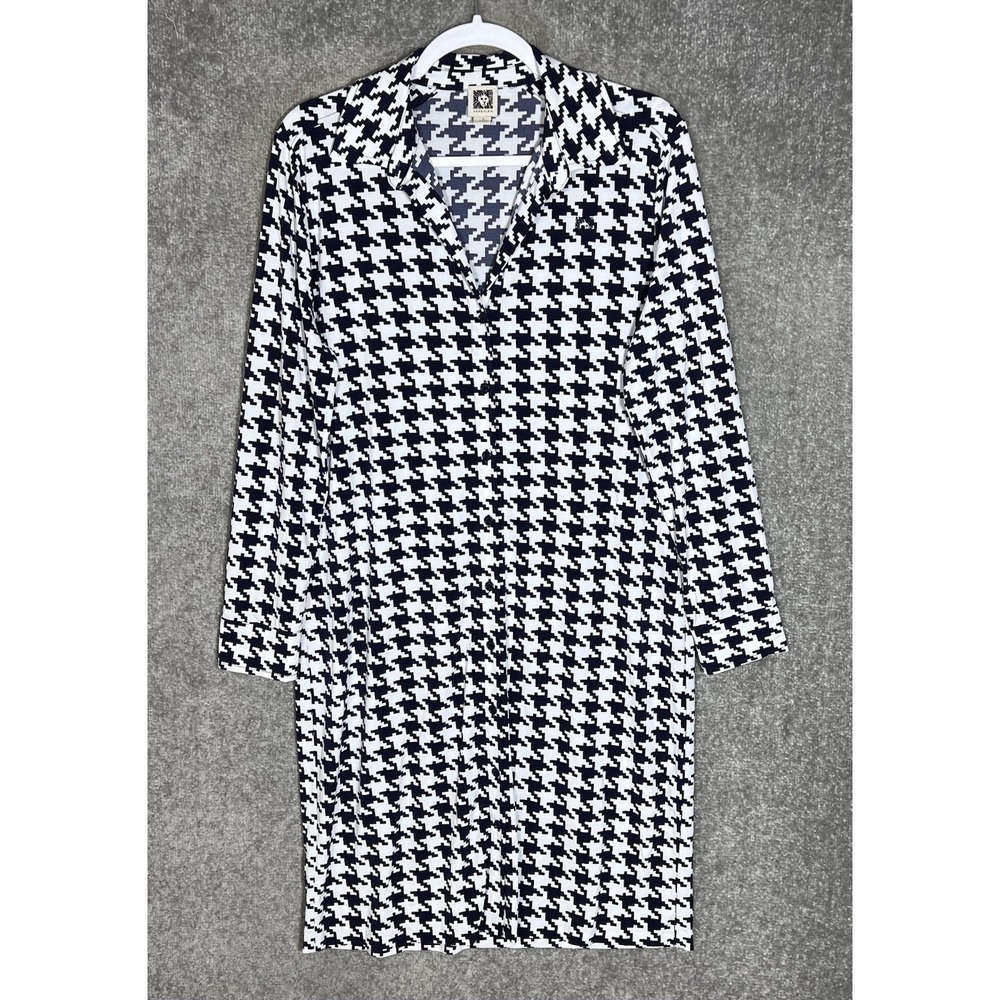 Anne Klein Button Front Dress Womens Size Large Blue White Houndstooth Stretch